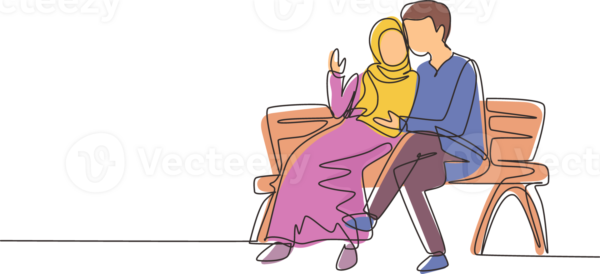 Single continuous line drawing romantic Arabic couple on bench in park. Happy man hugging and embracing woman. Couple dating celebrate wedding anniversary. One line graphic design illustration png