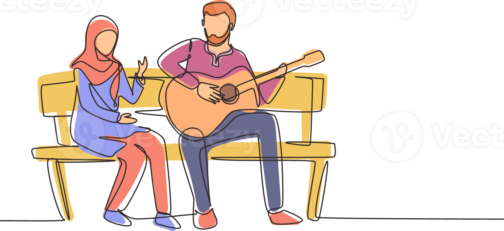 Single continuous line drawing Arabian people sitting on wooden bench in park. Couple on date, man playing music on guitar, girl listen and singing together. One line draw graphic illustration png