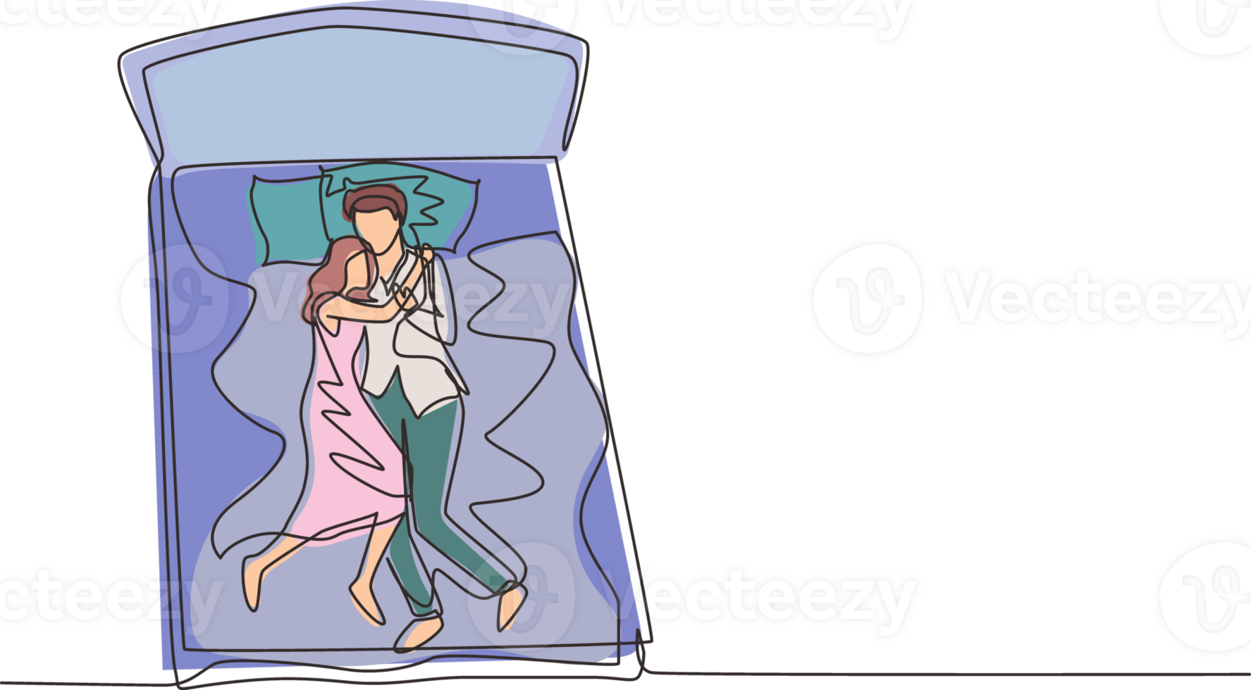 Continuous one line drawing male and female couple embracing affectionately in bed, men and women sleeping on bed while hugging lovingly, sleeping pose of lover. Single line draw design graphic png