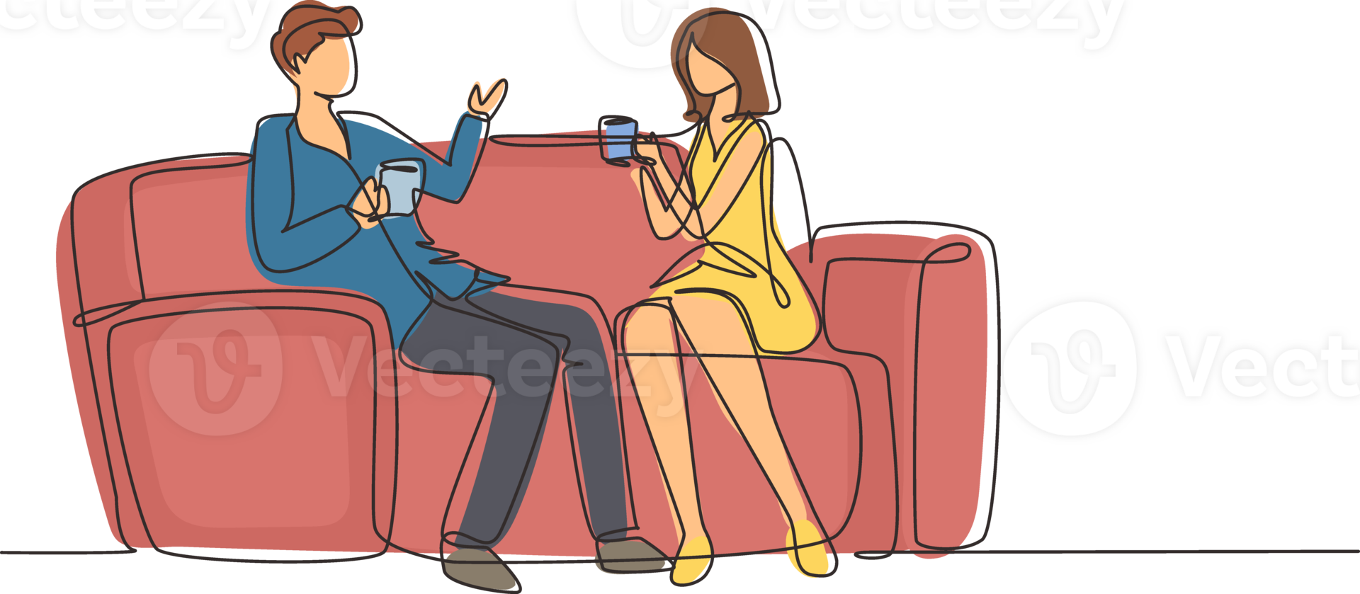 Single one line drawing romantic couple sitting at sofa, talking and drinking coffee. Man and woman living together in apartment Romance and love concept. Continuous line draw design graphic png