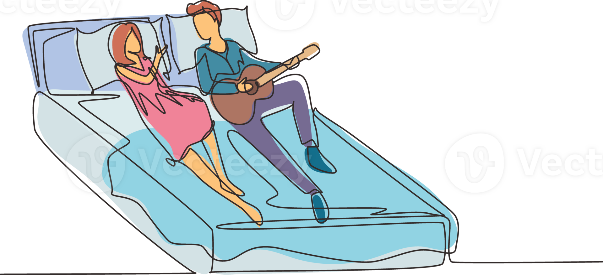 Single continuous line drawing couple spend free time at home, man plays guitar for woman lying on bed. Romantic guy singing songs for his wife in bedroom. One line graphic design illustration png