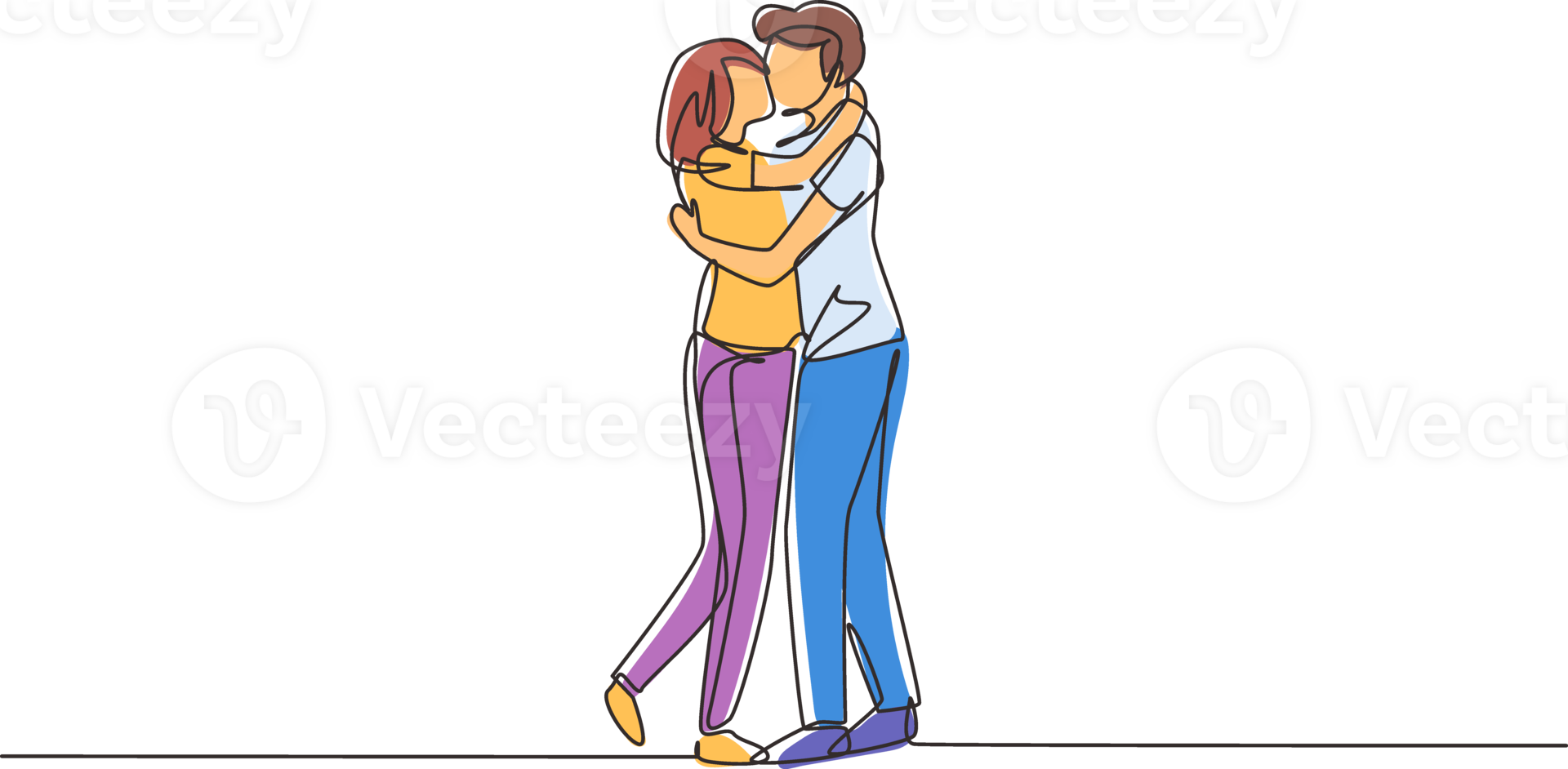 Single one line drawing loving couple kissing and hugging. Couple lovers kissing and holding hands. Happy man and woman celebrating wedding anniversary. Continuous line draw design graphic png