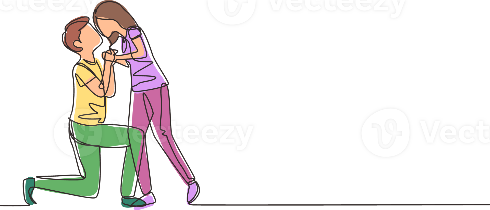 Single one line drawing romantic male kneel and kissing female. Couple lovers kissing and holding hands. Happy man and woman celebrating wedding anniversary. Modern continuous line draw design graphic png