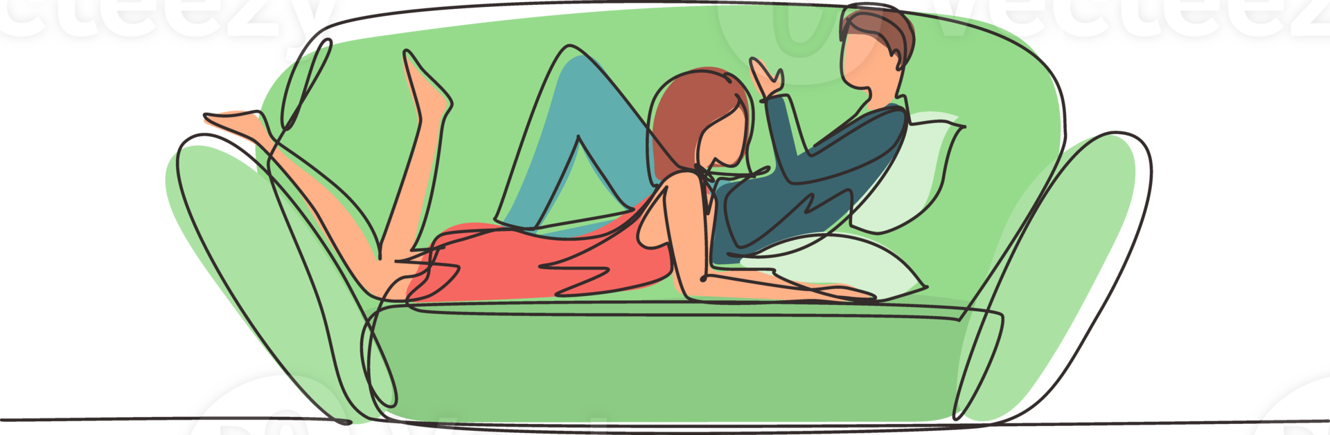 Single continuous line drawing woman and man in love lying on comfortable couch and having talk. Couple on cozy sofa relaxing together at home in evening. Dynamic one line draw graphic design png