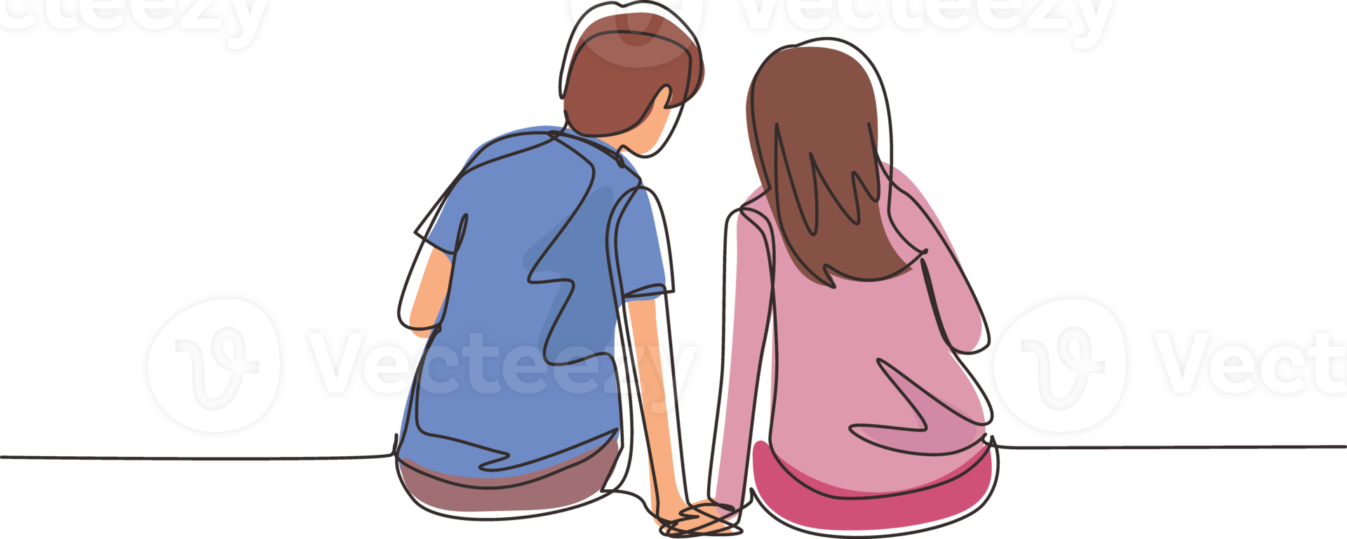 Continuous one line drawing back view people in love sit holding hands and looking at moon and stars. Man and woman enjoying romantic nature together. Single line design graphic illustration png