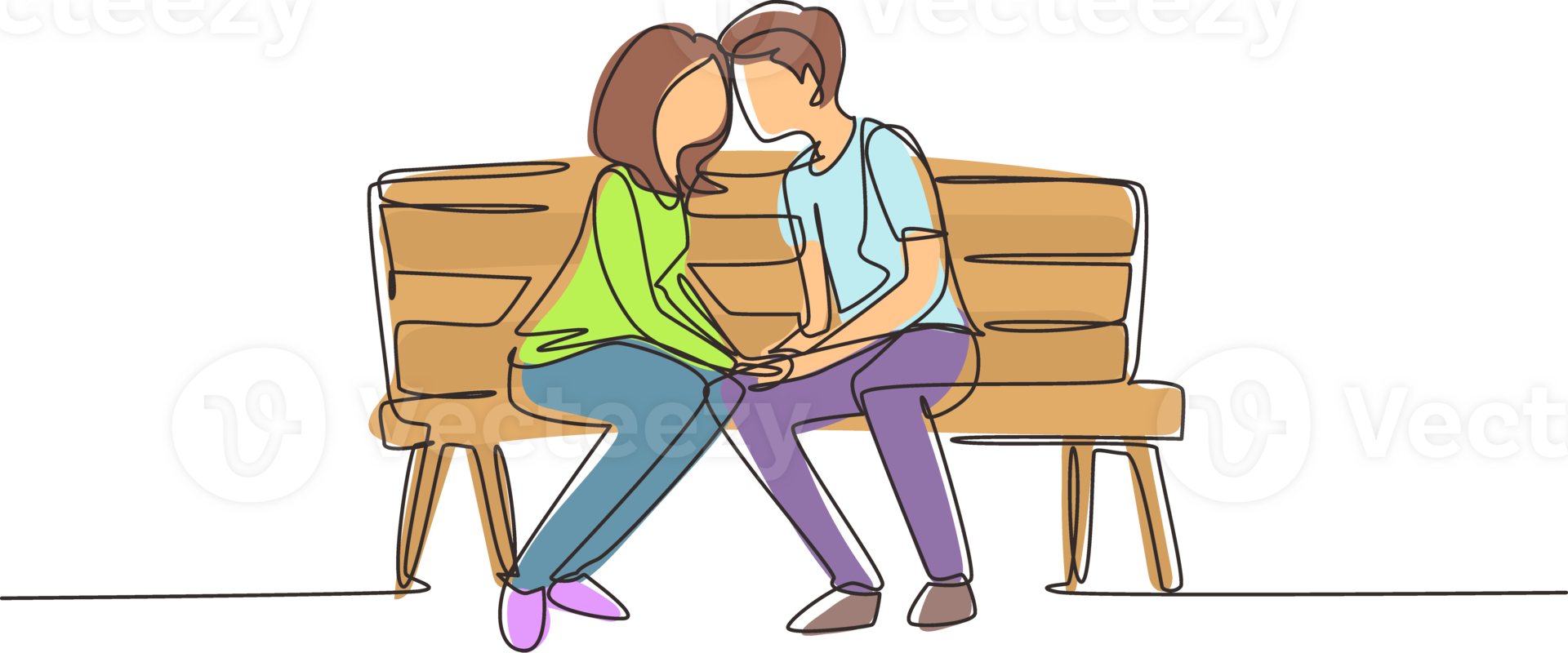 Single one line drawing kissing couple. Young man and woman face to face sitting on park bench and funny kissing. Romantic couple dating in spring. Modern continuous line draw design graphic png
