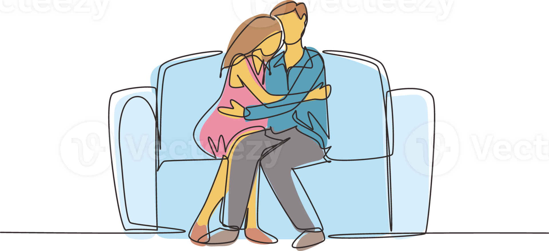 Single continuous line drawing happy tired couple. Man woman relax on sofa at home. Male hugs female. Joy cute adults. Cozy living room. Happy family life. Dynamic one line draw graphic design png