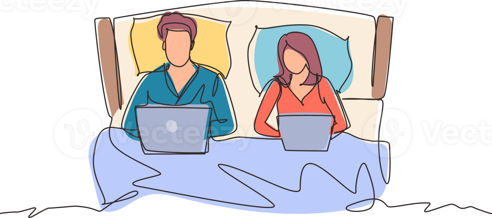 Continuous one line drawing Couple in bed. Man and woman with laptop surfing internet. Happy marriage activity before sleep. Romantic couple resting at bedroom. Single line draw design graphic png