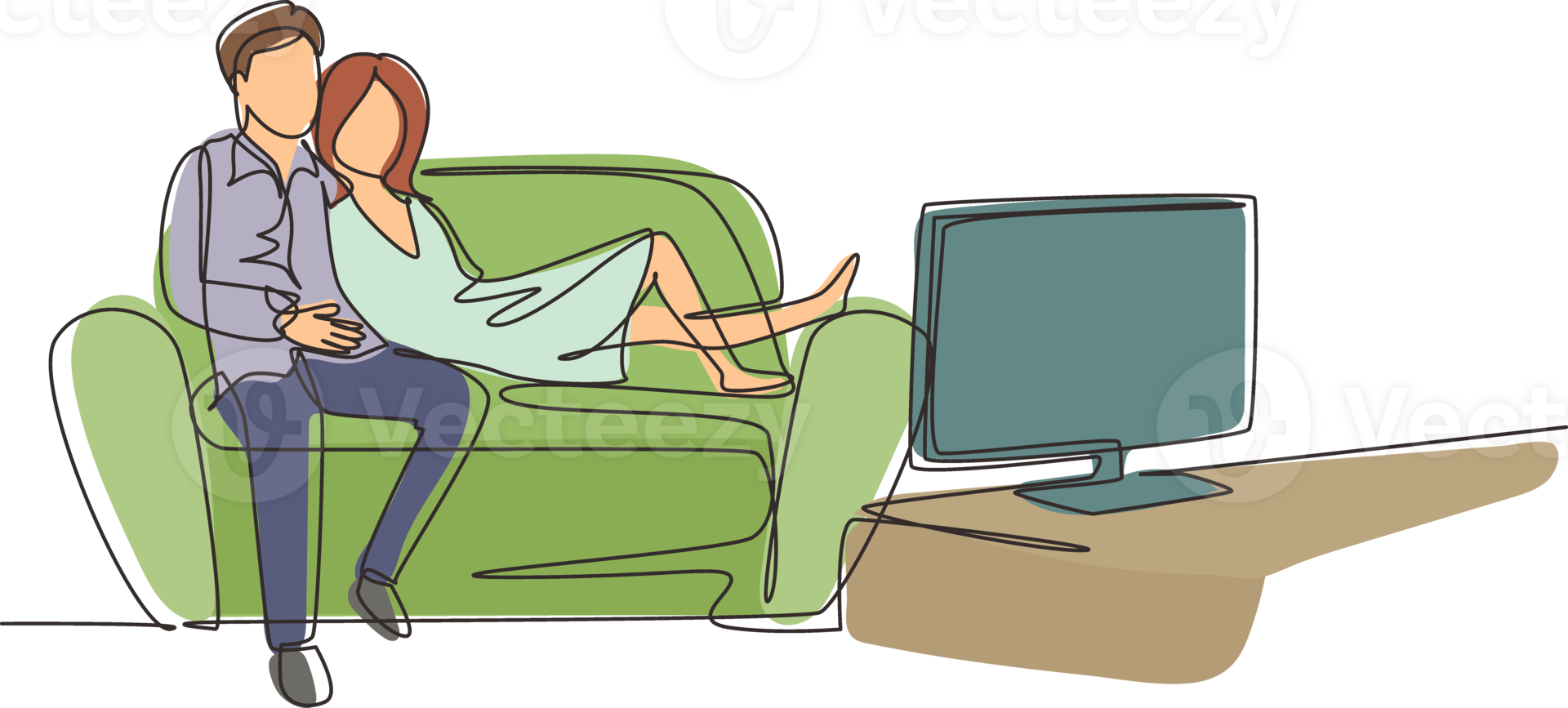 Continuous one line drawing couple watching TV together sitting on sofa. Happy man and woman relaxing in living room. Romantic couple having fun together. Single line draw design illustration png