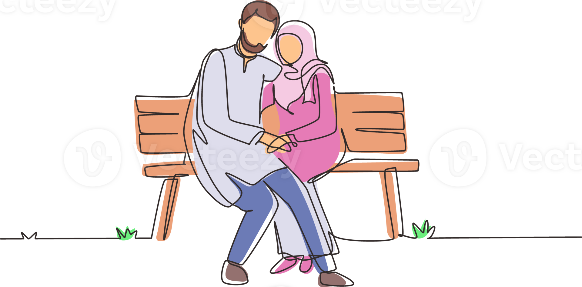 Single continuous line drawing romantic Arab couple. Woman man sitting on bench in city park. Happy family concept. Intimacy celebrates wedding anniversary. Dynamic one line draw graphic design png