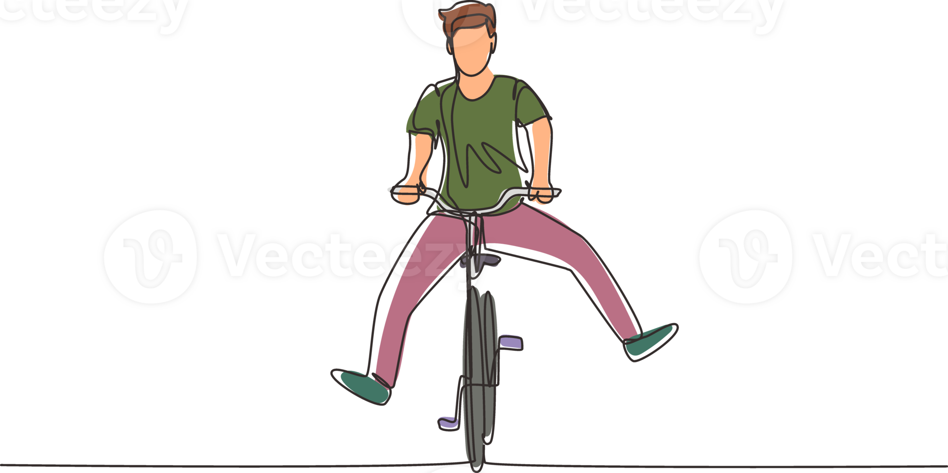 Single continuous line drawing happy young man in casual clothes riding bicycle. Healthy and sport lifestyle. Ecological vehicle of transportation. One line draw graphic design illustration png