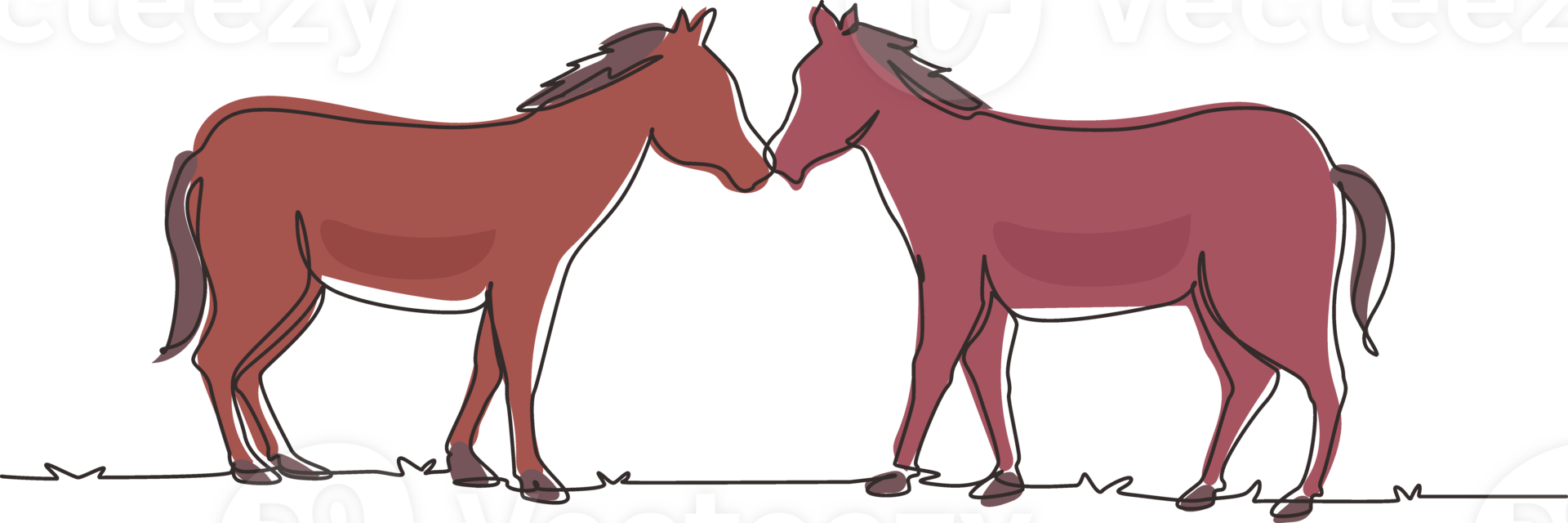 Single continuous line drawing two horses walks gracefully face to face. Wild mustang gallops in free nature. Animal mascot for horse ranch. Dynamic one line draw graphic design illustration png
