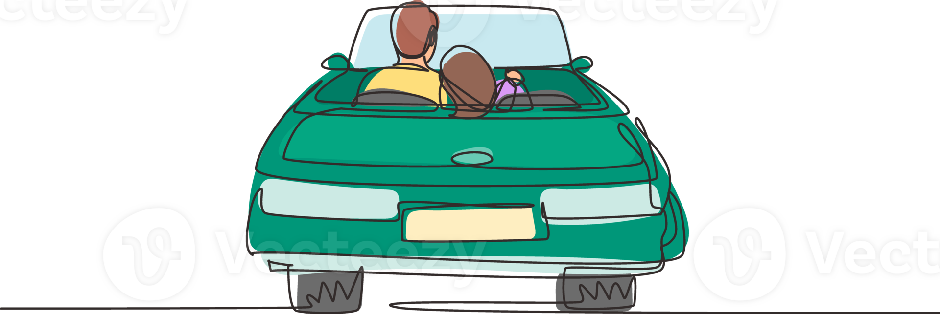 Continuous one line drawing back view loving couple sitting and hugging in convertible car. Man woman getting ready for wedding. Engagement and love relations. Single line draw design graphic png