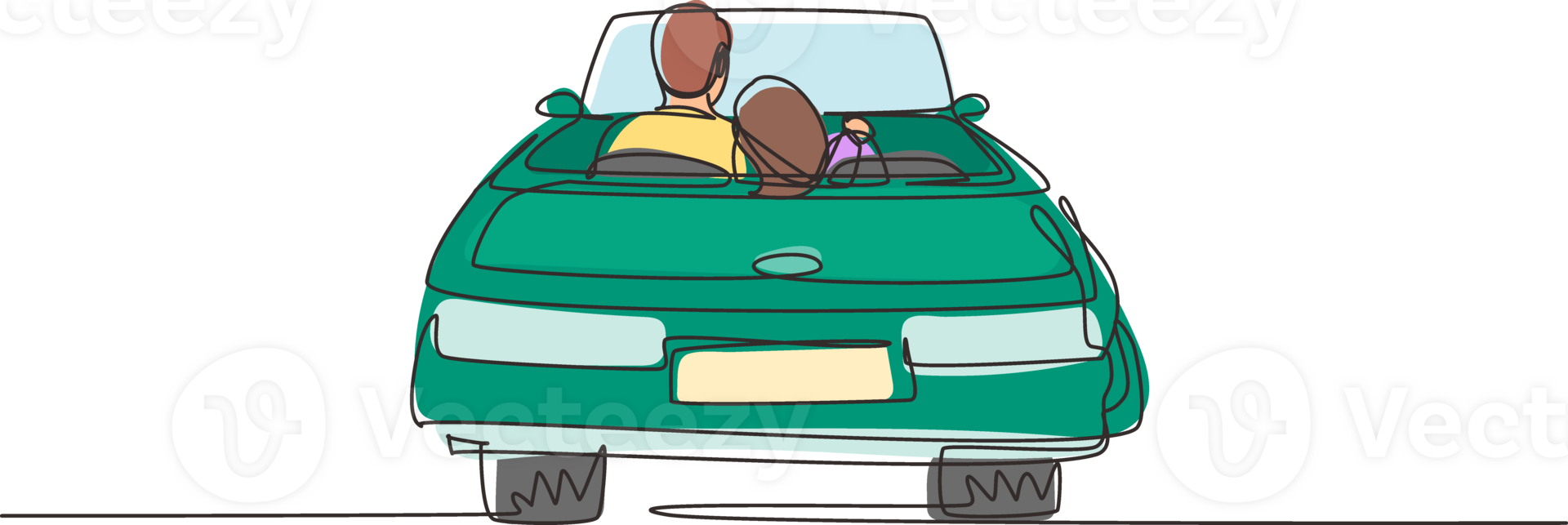 continu un ligne dessin retour vue aimant couple séance et étreindre dans convertible auto. homme femme avoir prêt pour mariage. engagement et l'amour rapports. Célibataire ligne dessiner conception graphique png