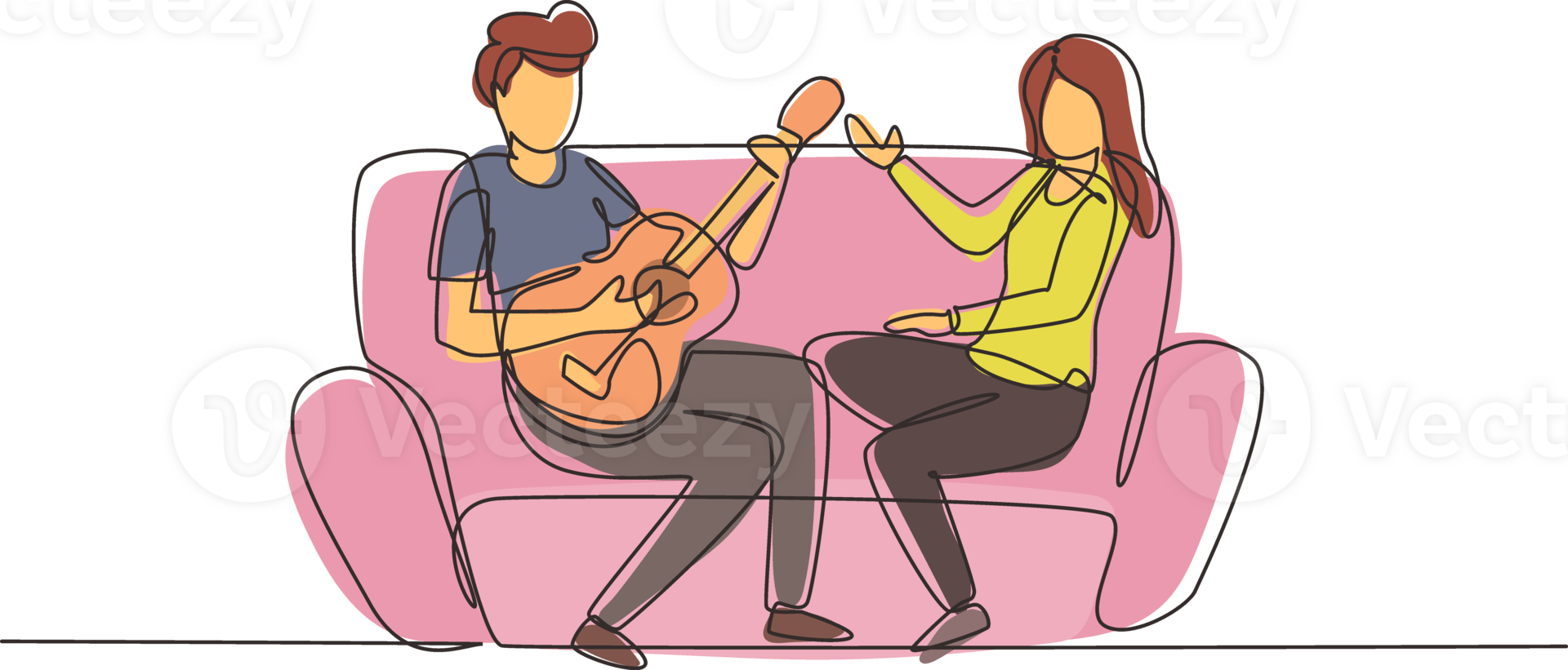 Single one line drawing couple together in love. Boy is playing guitar to his girlfriend in living room on sofa. Girl listen and singing together. Modern continuous line draw design graphic png