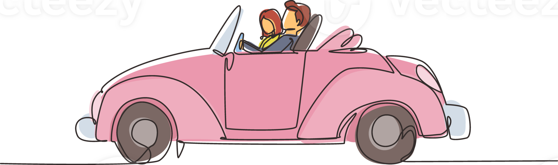 Single continuous line drawing cute elegant couple on road trip in vintage retro car. Happy man and woman in vehicle. Married couple romantic relationship. Dynamic one line draw graphic design png