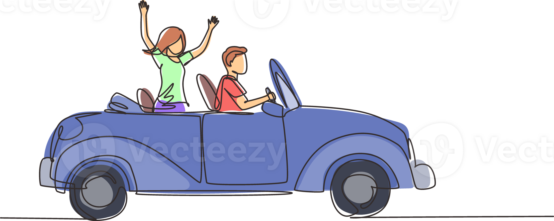 Single kontinuierlich Linie Zeichnung neu verheiratet Paar Bräutigam im Fahrzeug. glücklich Mann und Frau Reiten Hochzeit Wagen. verheiratet Paar romantisch Beziehung. einer Linie zeichnen Grafik Design Illustration png