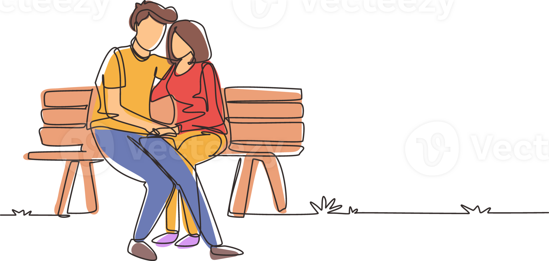 Single continuous line drawing romantic couple. Woman man sitting on bench in city park. Happy family concept. Intimacy celebrates wedding anniversary. One line draw graphic design illustration png