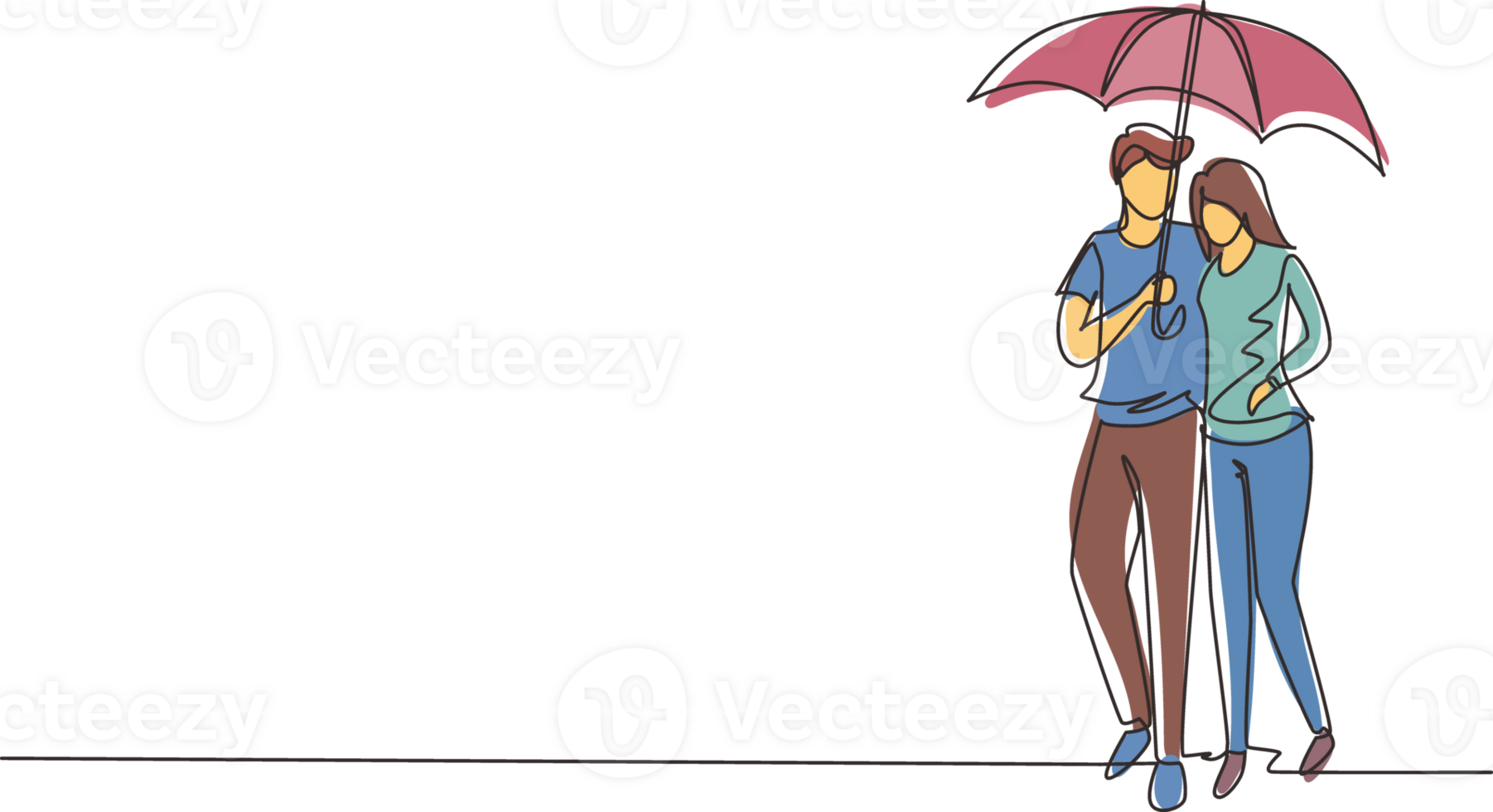 Single one line drawing young couple man woman, girl and boy walking holding umbrella under rain smiling hugging. Romantic couple at rainy autumn weather. Continuous line draw design graphic png