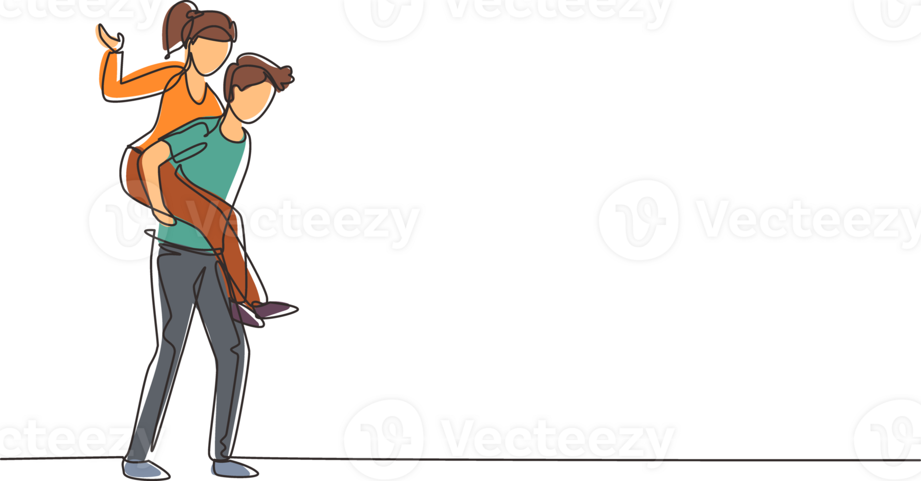 Single continuous line drawing teenage couple with man carrying woman on his back during music festival. Happy young romantic couple in love. Dynamic one line draw graphic design illustration png