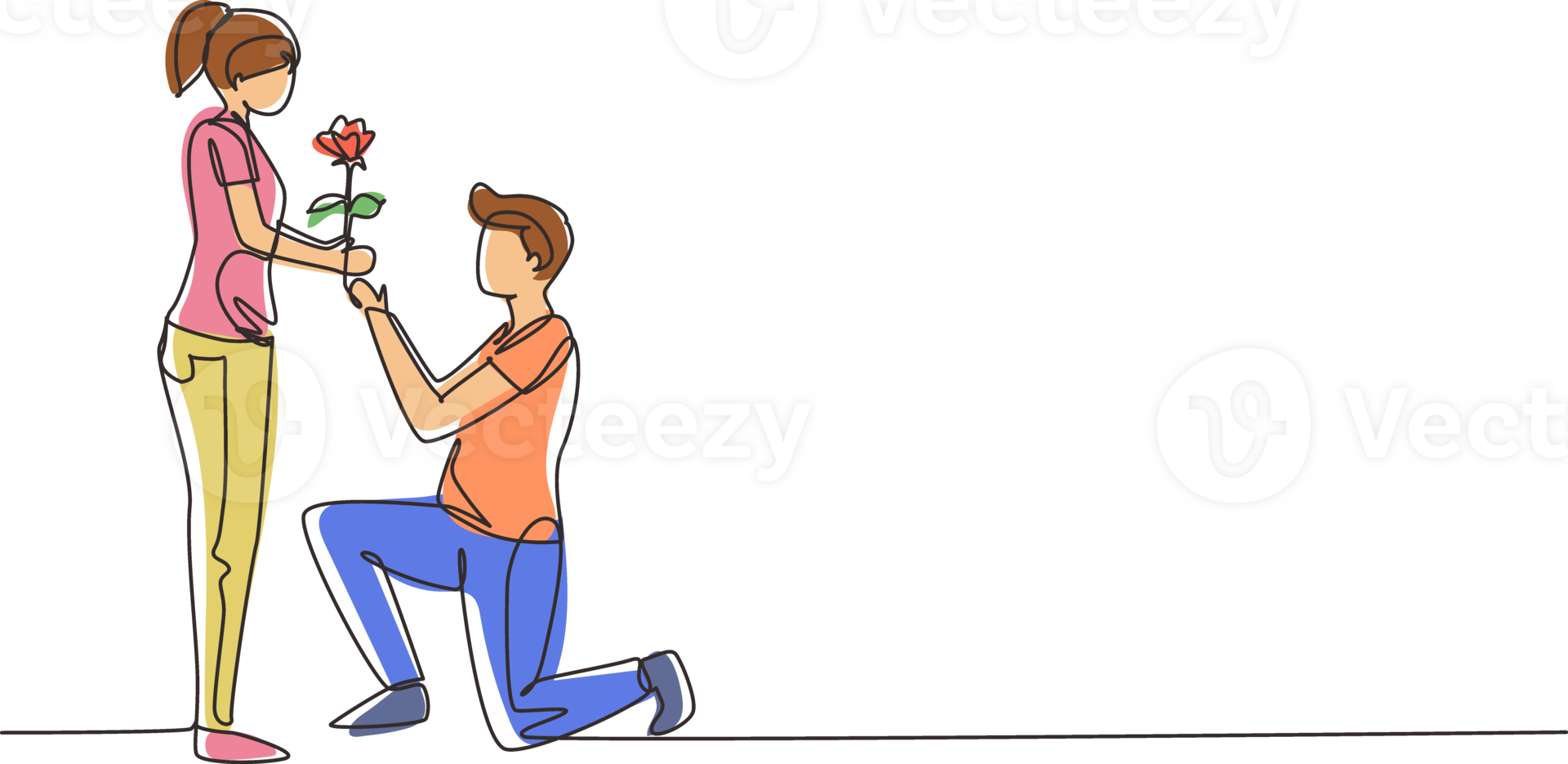Single one line drawing man on knee gives flowers to woman. Young guy giving to girl rose flower for propose her. Happy romantic couple in love. Continuous line draw design graphic illustration png