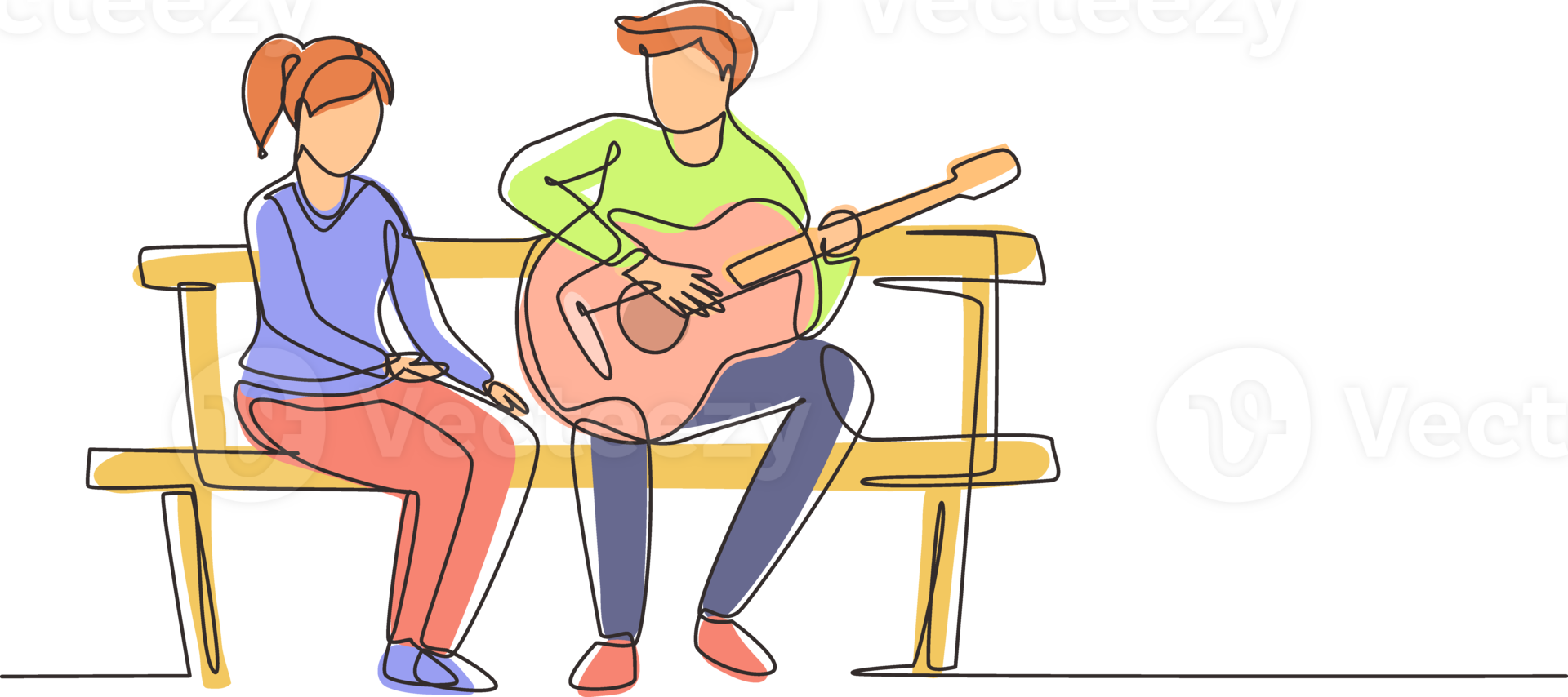 Single continuous line drawing people sitting on wooden bench in park. Couple on date, man playing music on guitar, girl listen and singing together. One line draw graphic design illustration png