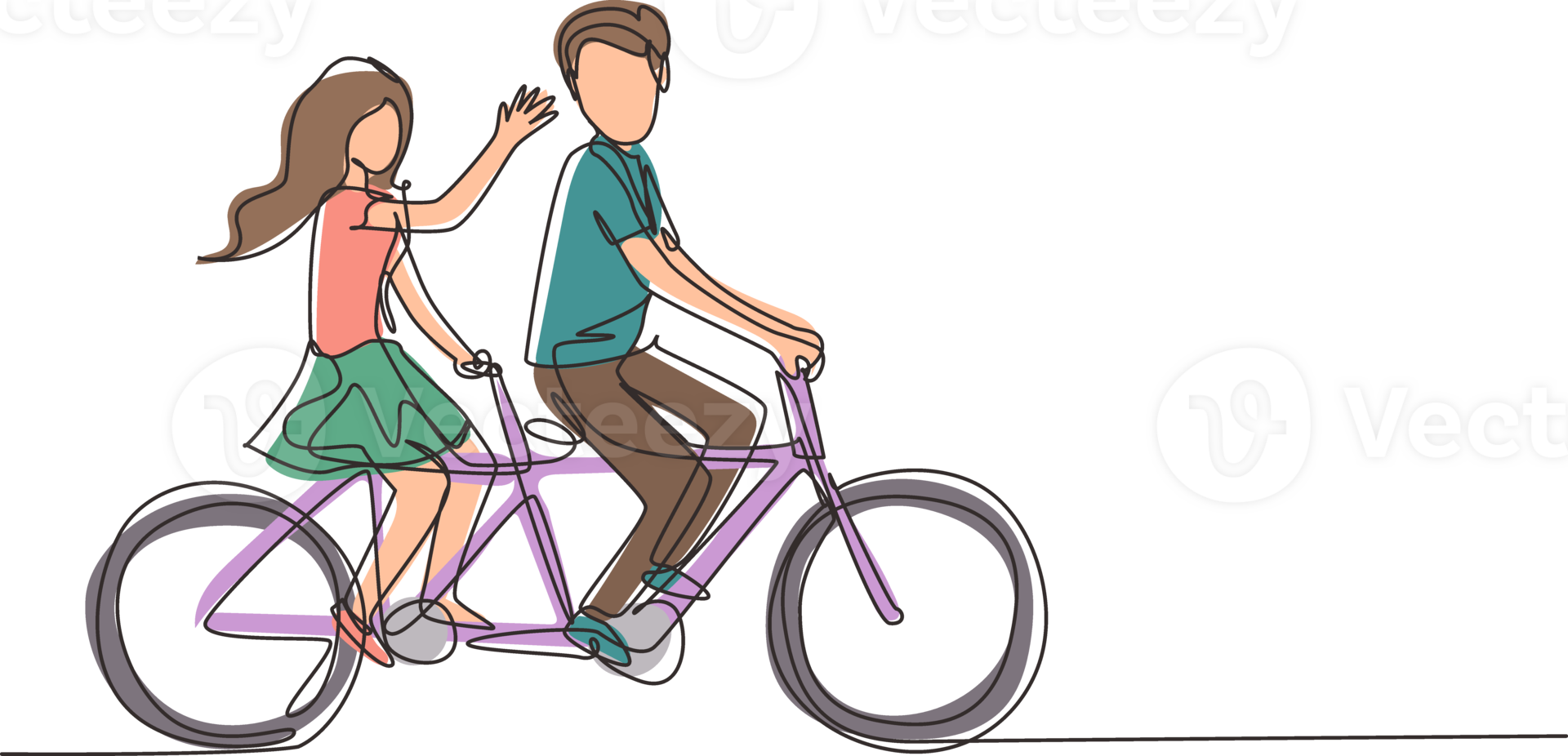 Continuous one line drawing romantic couple. Happy couple is riding tandem bicycle together. Happy family. Intimacy celebrates wedding anniversary. Single line draw design graphic illustration png