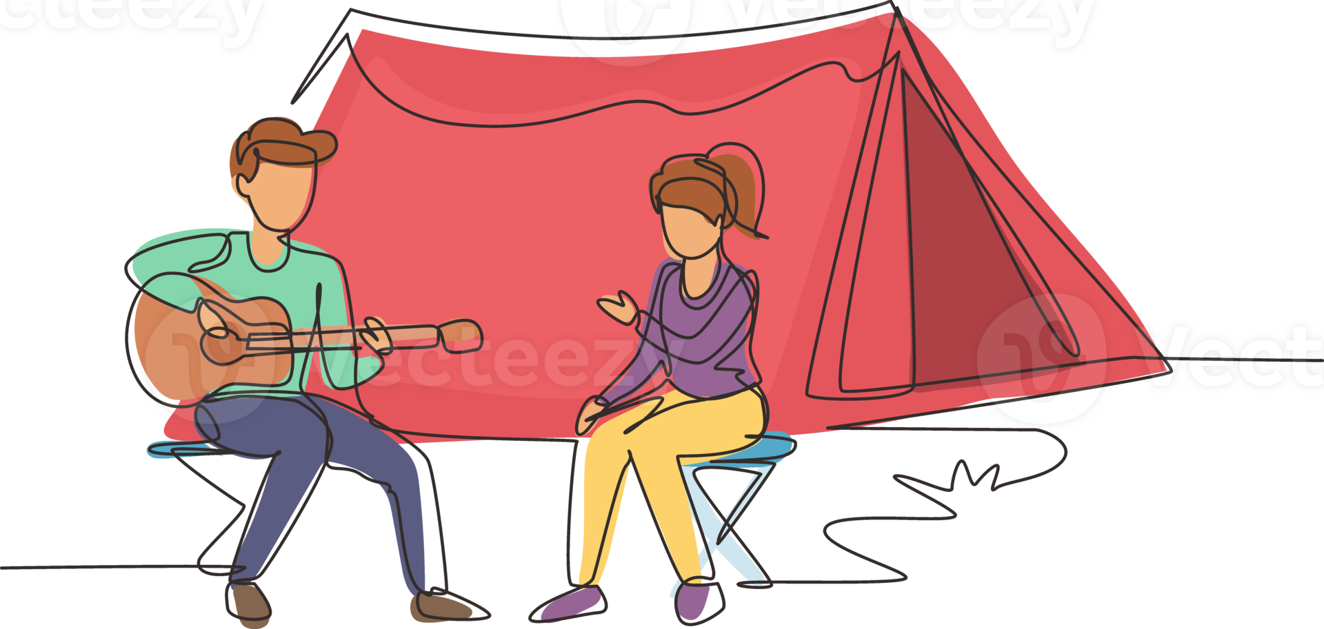 Continuous one line drawing couple tourist camping. Camper sitting by campfire next to camp tent, guy playing music guitar, people enjoy nature picnic. Outdoor summer tourism. Single line draw design png