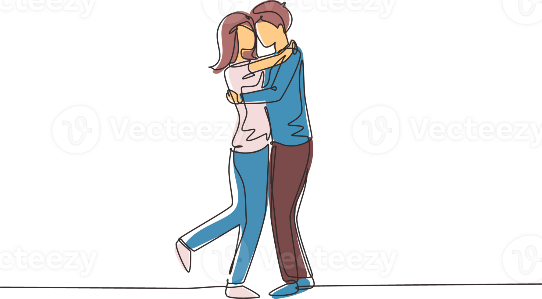 Single one line drawing cute couple in romantic pose. Happy man hugging his partner woman. Intimacy celebrates wedding anniversary. Modern continuous line draw design graphic illustration png