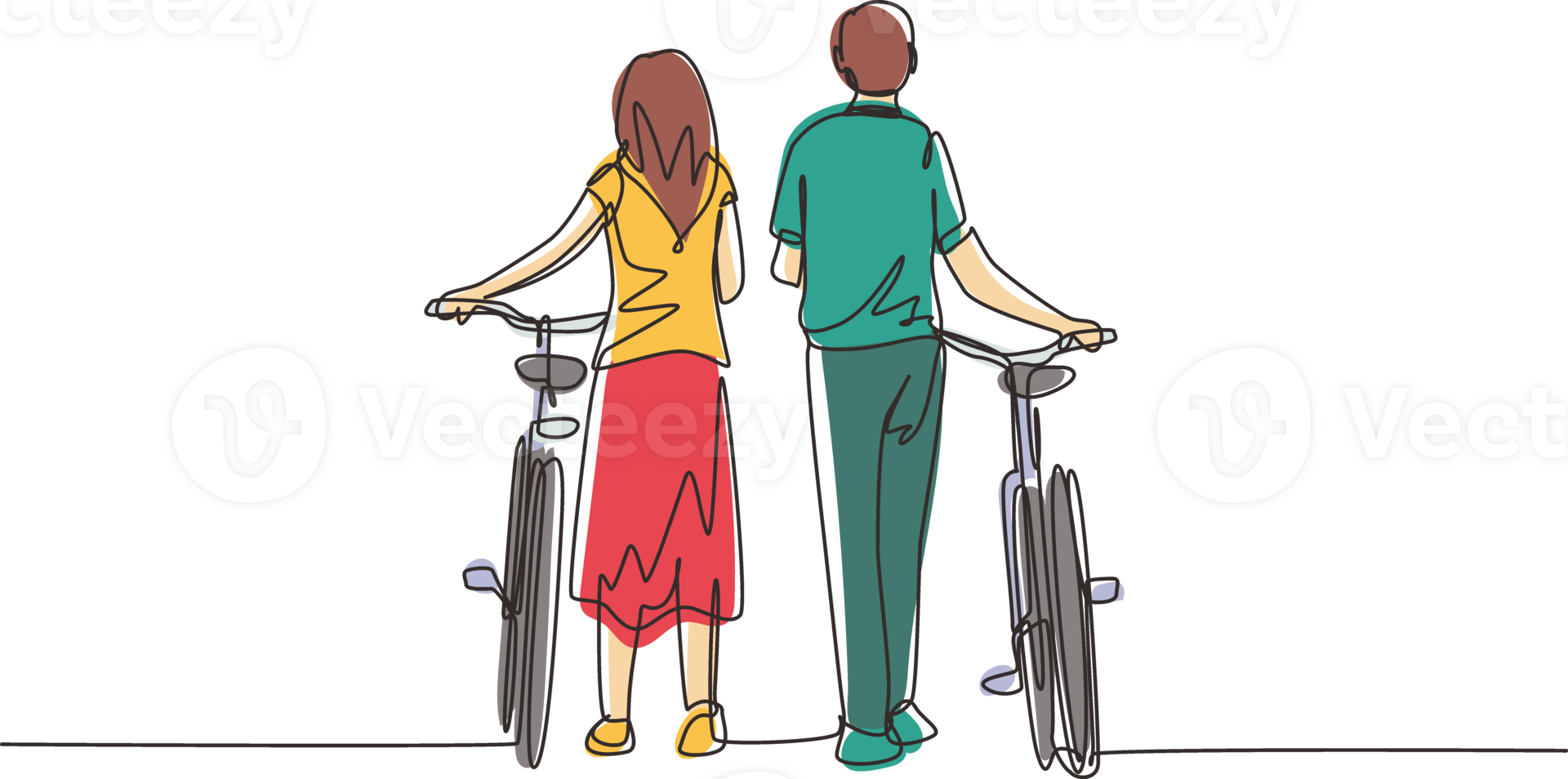 Single continuous line drawing rear view couple man and woman walking together with bicycle. Young boy and girl in love. Happy romantic married couple. One line draw graphic design illustration png