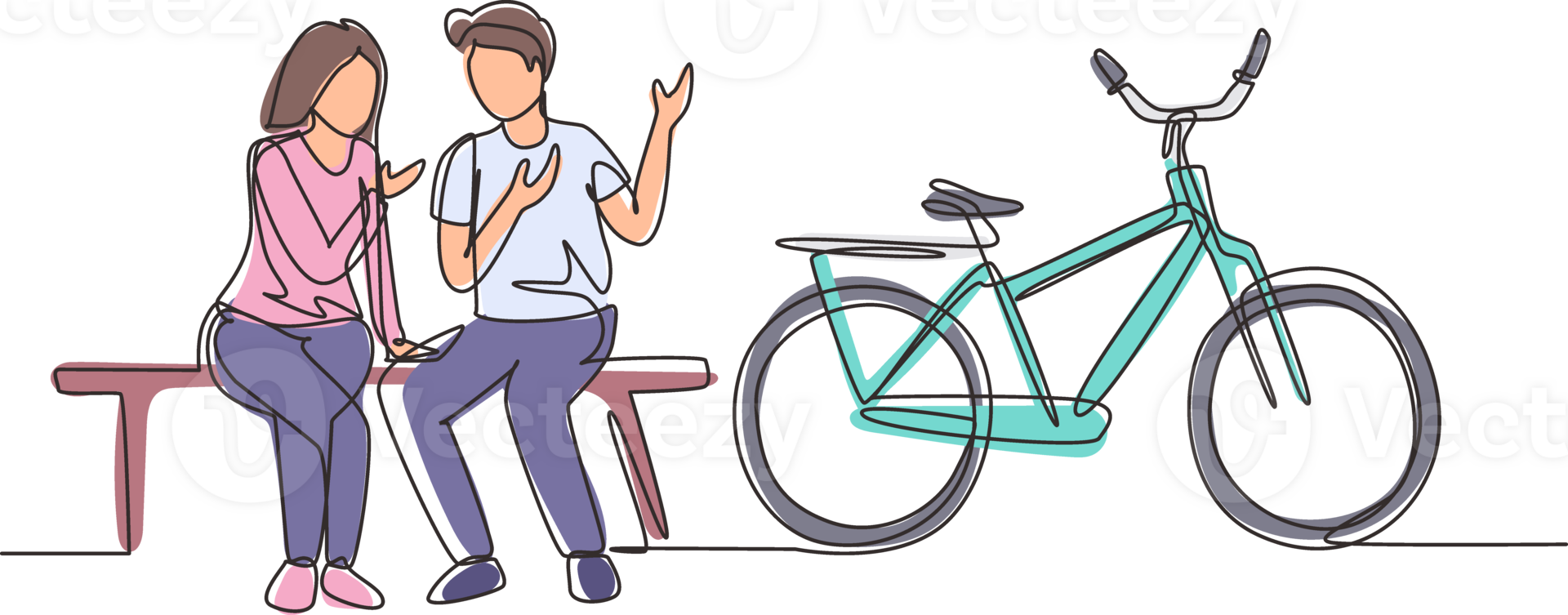 Single continuous line drawing romantic couple chatting while sitting on bench. Romantic teenage couple ride bike. Young man and woman in love. Dynamic one line draw graphic design illustration png
