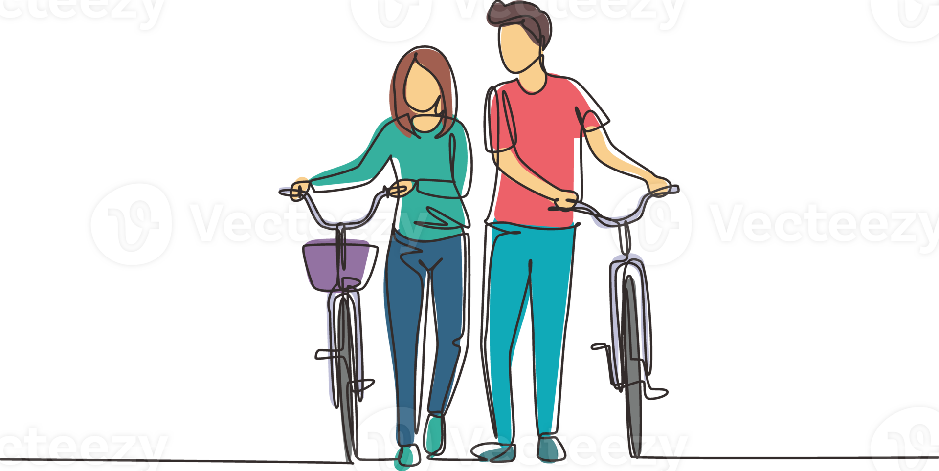 Single continuous line drawing cyclists walking down forest road with their bicycles on summer day. Young man and woman in love. Happy romantic married couple. One line draw graphic design png