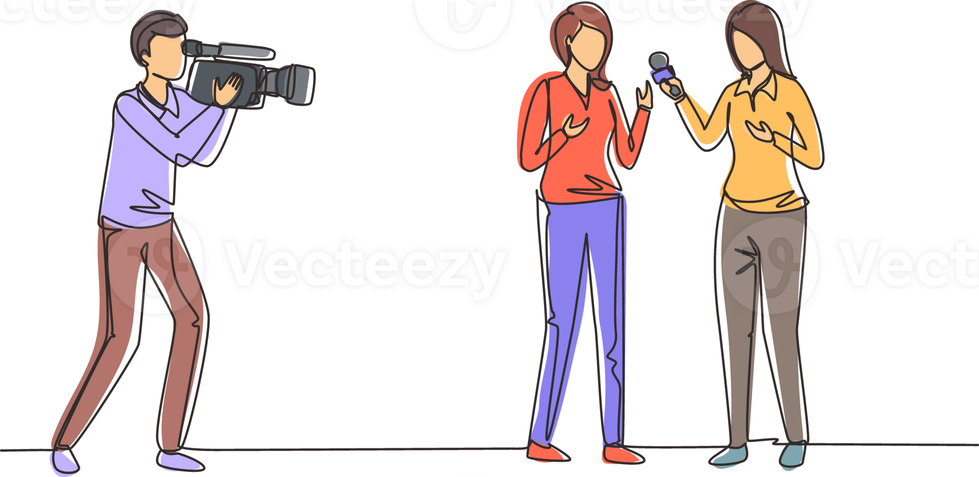 Single one line drawing woman journalist with microphone, interview man in front of camera at tv studio. Reporter, cameraman broadcast breaking news at live stream. Continuous line draw design png