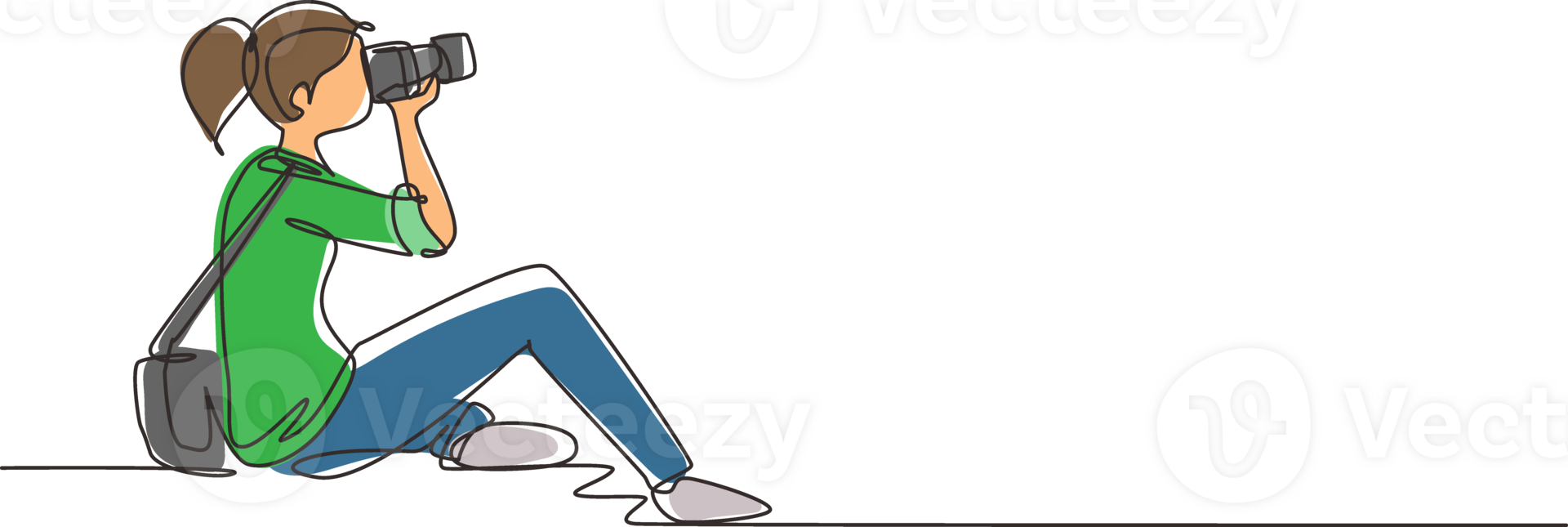 Single one line drawing woman photographer of paparazzi taking photo with modern digital camera with angles. Journalist or reporter making pictures. Continuous line draw design illustration png