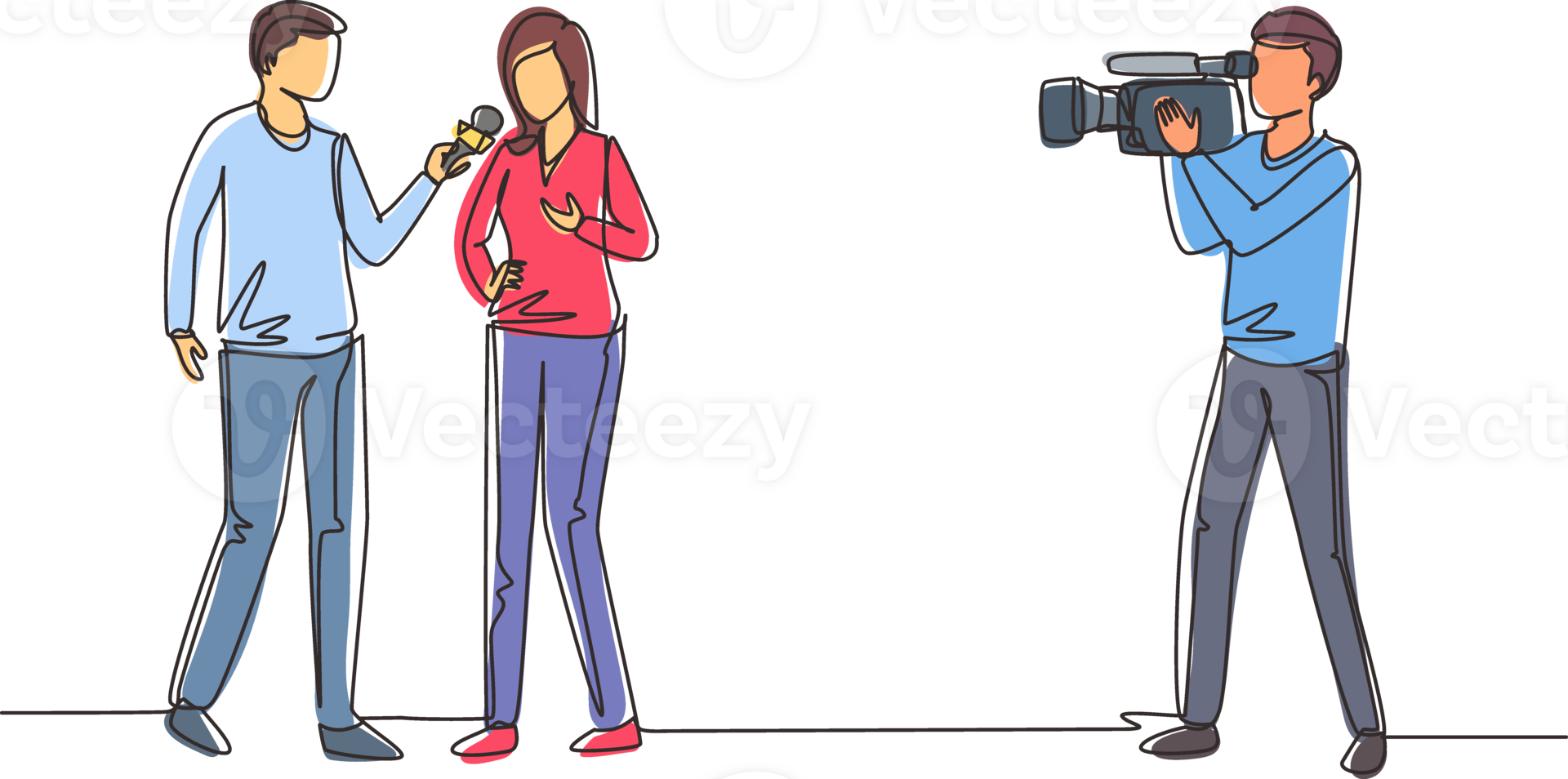 Single continuous line drawing journalist, operator interview television program or news. TV host, reporter, cameraman questioning woman. Video recording show broadcasting. One line draw design png