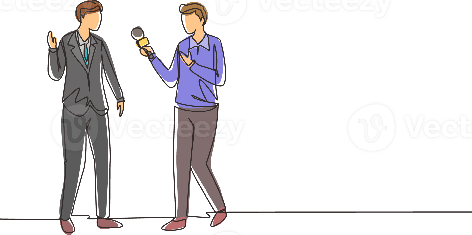 Continuous one line drawing male journalist with microphone making interview with businessman. Professional journalist in conversation, asking for opinion. Single line draw design illustration png