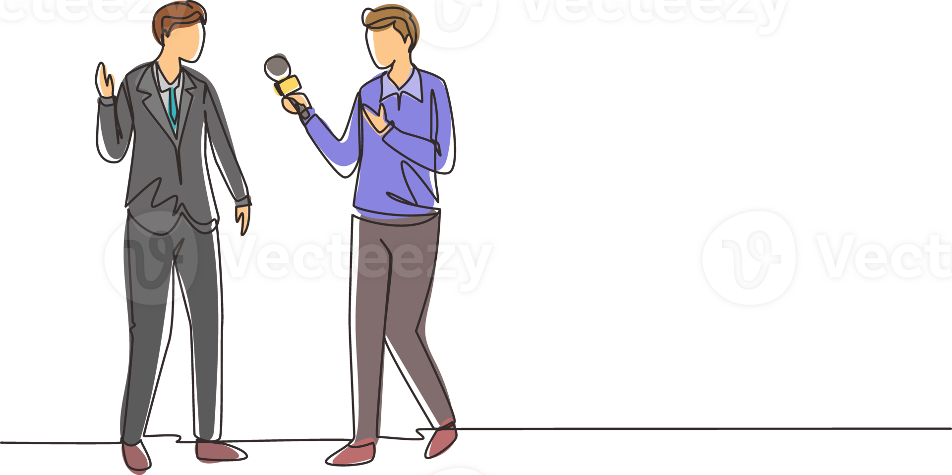 continuo uno linea disegno maschio giornalista con microfono fabbricazione colloquio con uomo d'affari. professionale giornalista nel conversazione, chiede per opinione. singolo linea disegnare design illustrazione png
