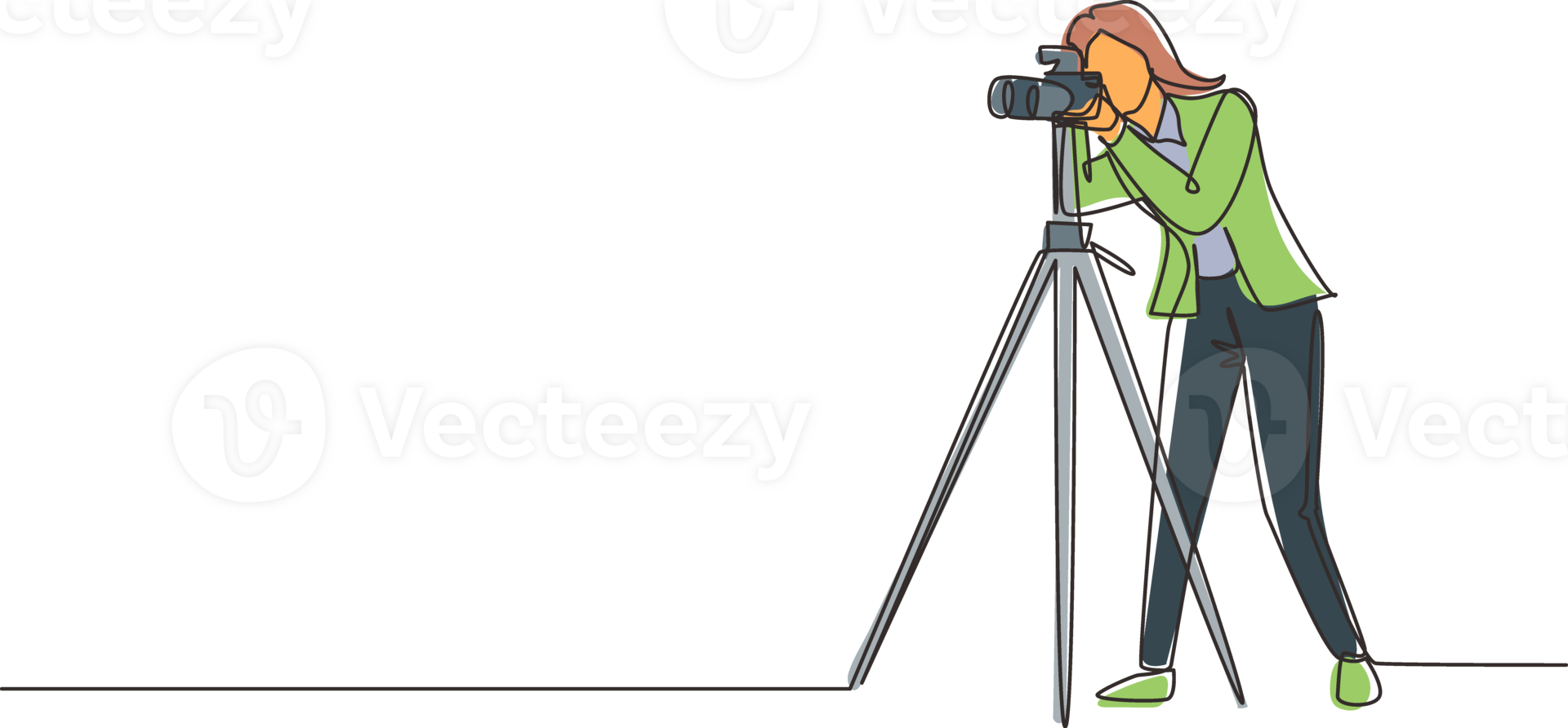 Single continuous line drawing woman paparazzi design concept with photographer shooting appearance of show business stars or other celebrities with tripod. One line draw design illustration png