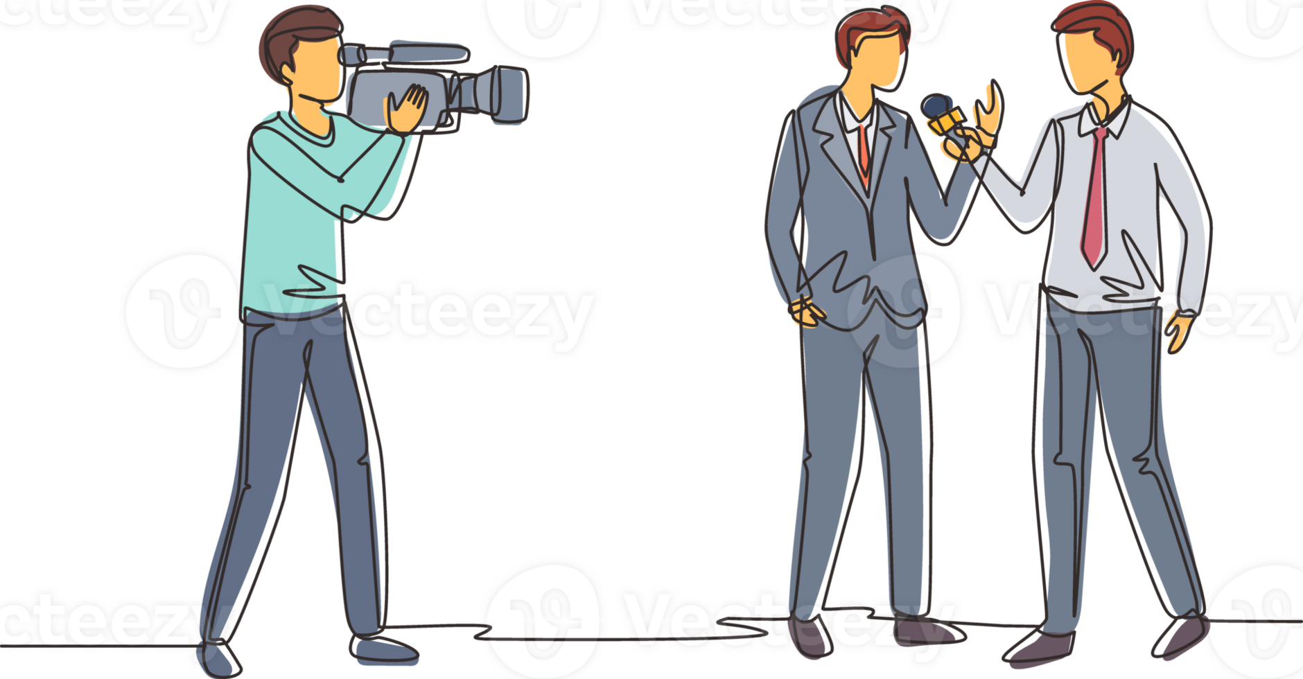 Single one line drawing journalists take interview. TV host or reporter and cameraman questioning man. Broadcasting reportage with cameraman. Continuous line draw design graphic illustration png