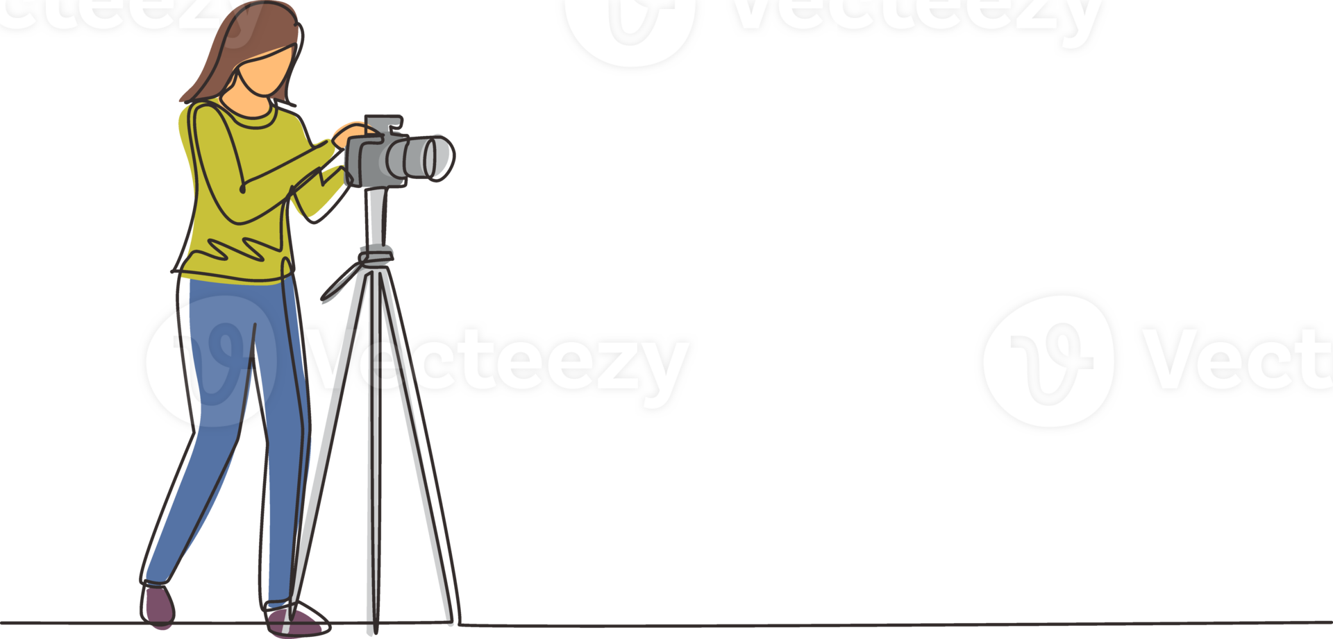 Continuous one line drawing female photographer taking photos using professional equipment set. Woman with camera making pictures. Studio photo equipment. Single line draw design illustration png