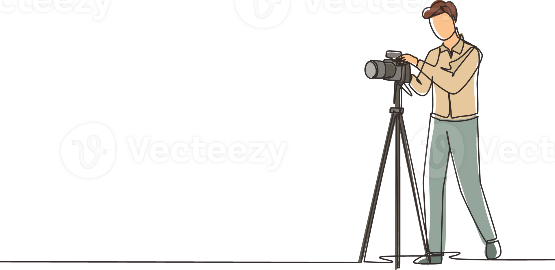 Single continuous line drawing photographer taking photos using professional equipment set, Man with camera making pictures. Studio photo equipment. One line draw graphic design illustration png