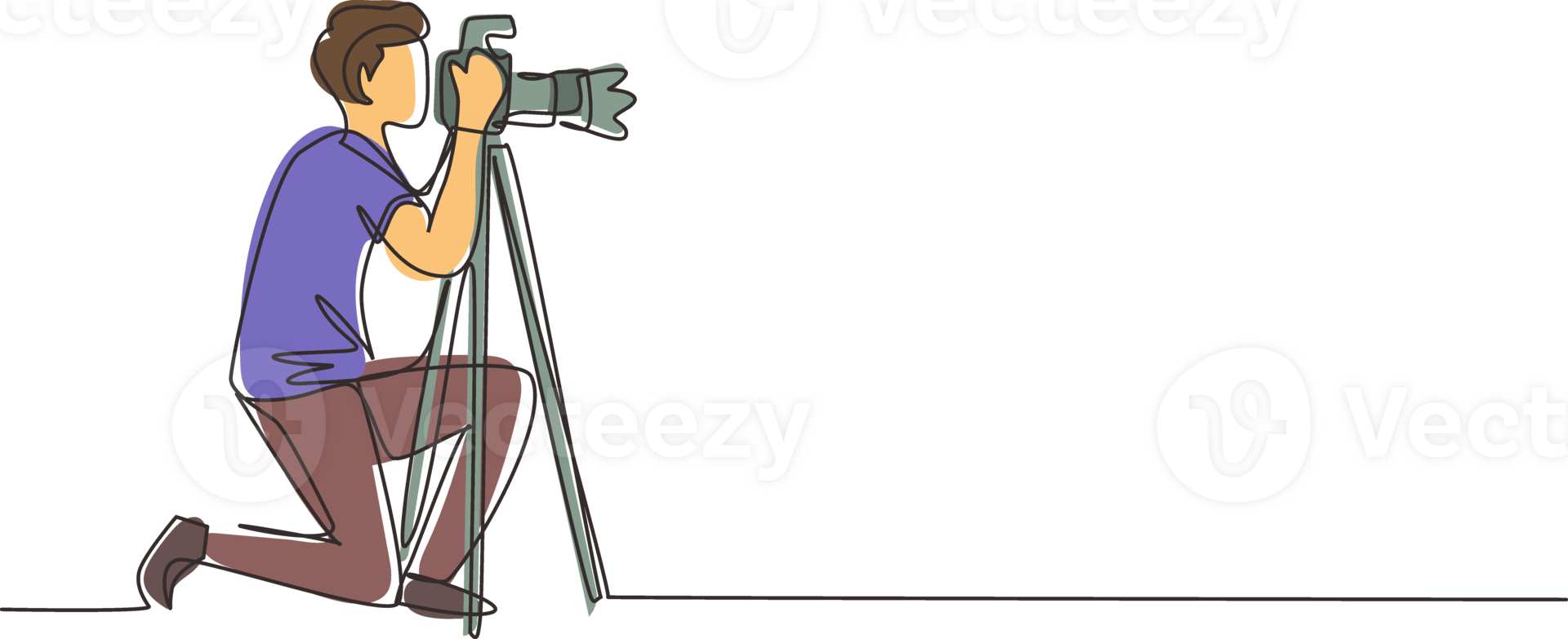 Single continuous line drawing professional photographer man kneeling for taking pictures with digital camera and tripod. Digital photography hobby. One line draw graphic design illustration png