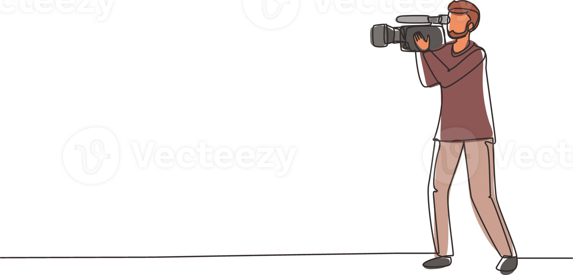 Continuous one line drawing professional camera operator holding big camera on shoulder. Arabian cameraman, reporter shooting TV content. Videographer job. Single line draw design illustration png