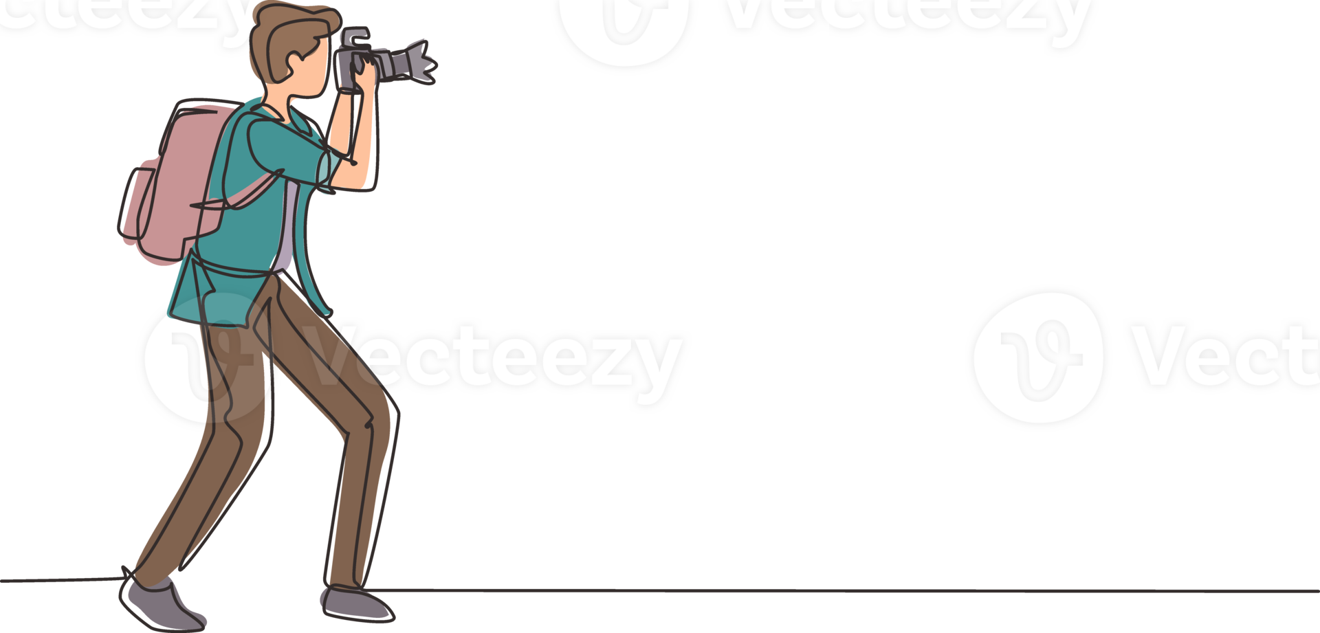 Continuous one line drawing photographer or paparazzi taking photo with modern digital cameras from all angles. Journalists or reporters with backpack making pictures. Single line draw design png