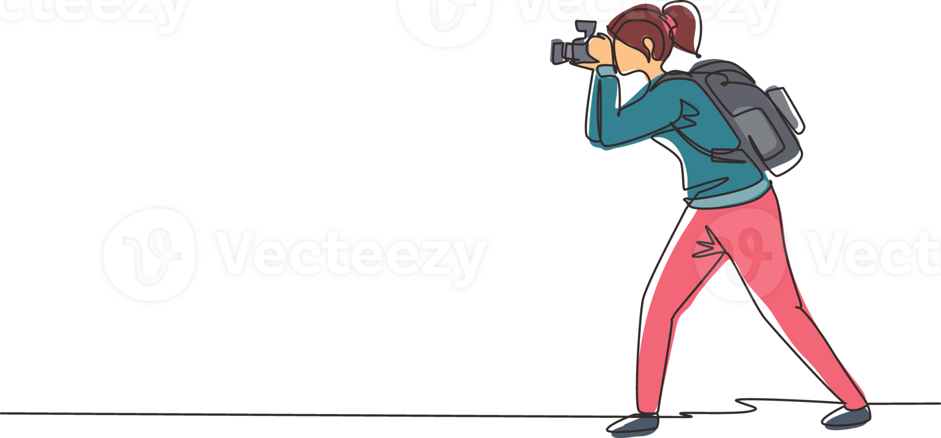 Single continuous line drawing woman journalist or reporter with backpack making pictures. Photographers of paparazzi taking photo with digital cameras dslr. One line draw design illustration png