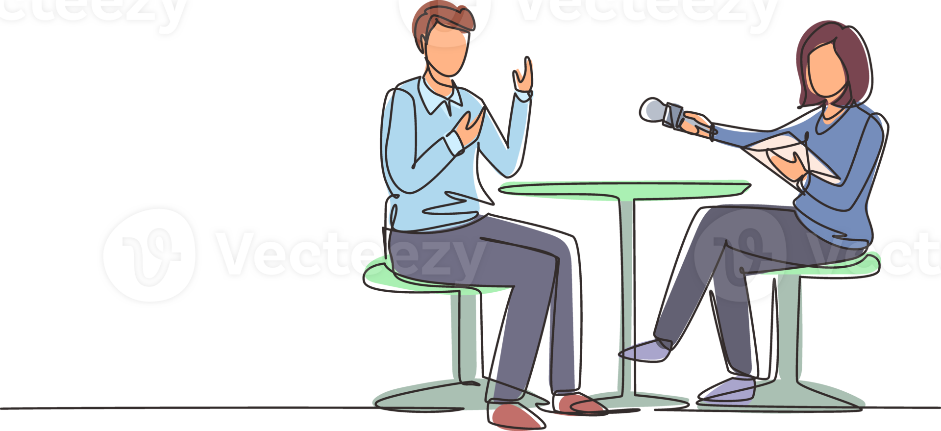 Continuous one line drawing TV presenter woman interviewing celebrity men in television studio shooting interview. Show host, guest talking. TV interview. Single line draw design illustration png