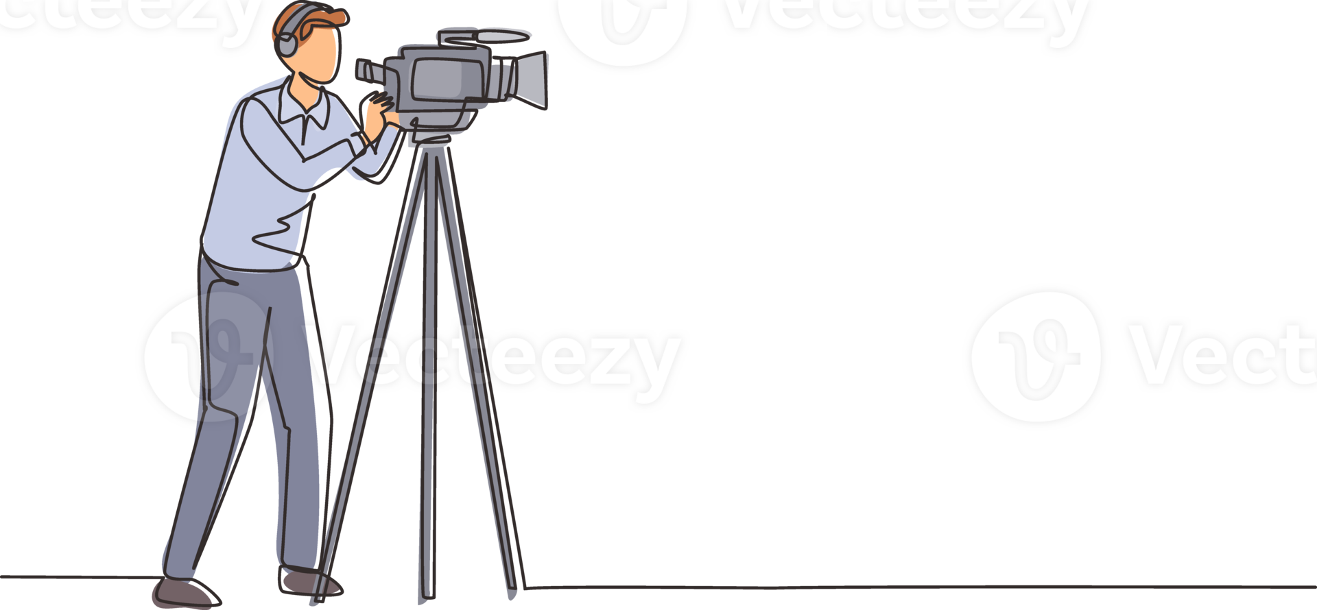 Single one line drawing professional cameraman, operator, videographer with camera. Shooting of movie production, broadcasting news or tv show live. Continuous line draw design illustration png