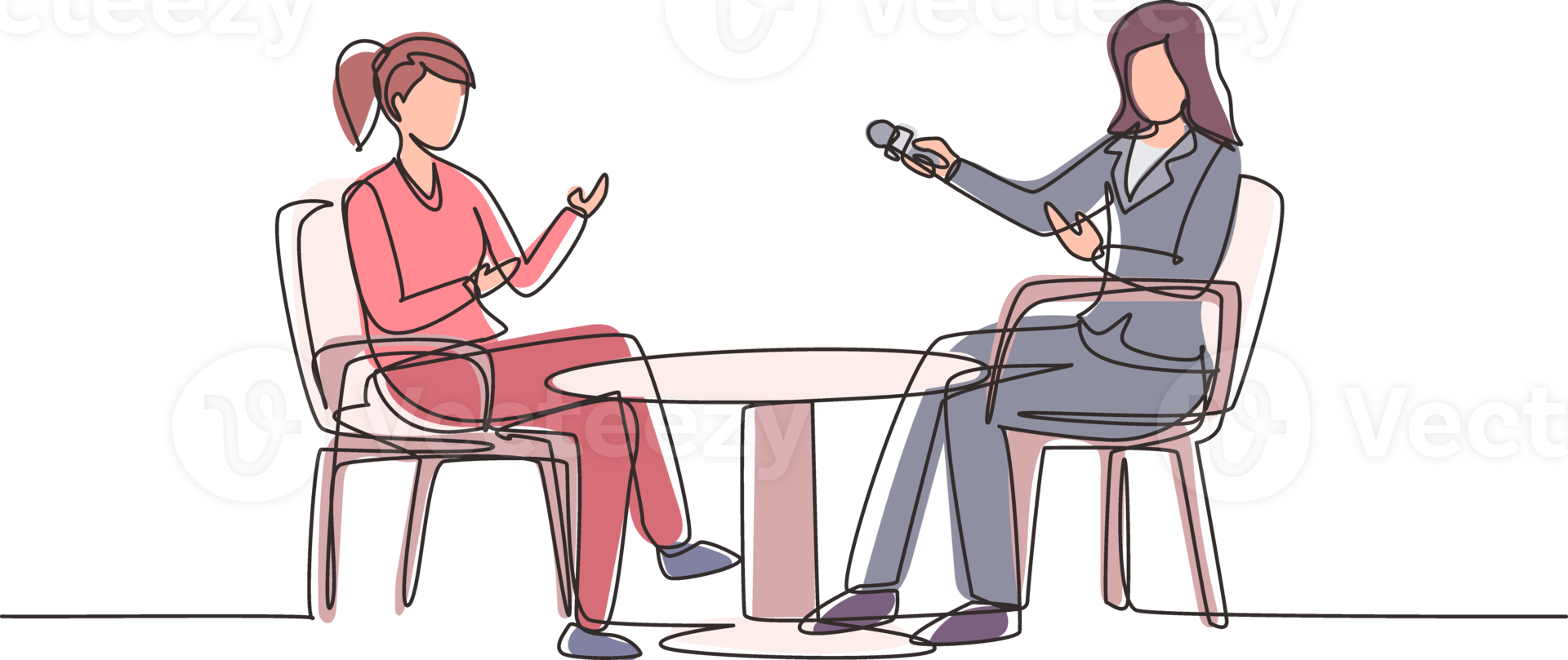 Continuous one line drawing talk show studio with interviewing, discussing hosts. People recording tv program, woman journalist questioning guest star. On air news. Single line draw design png