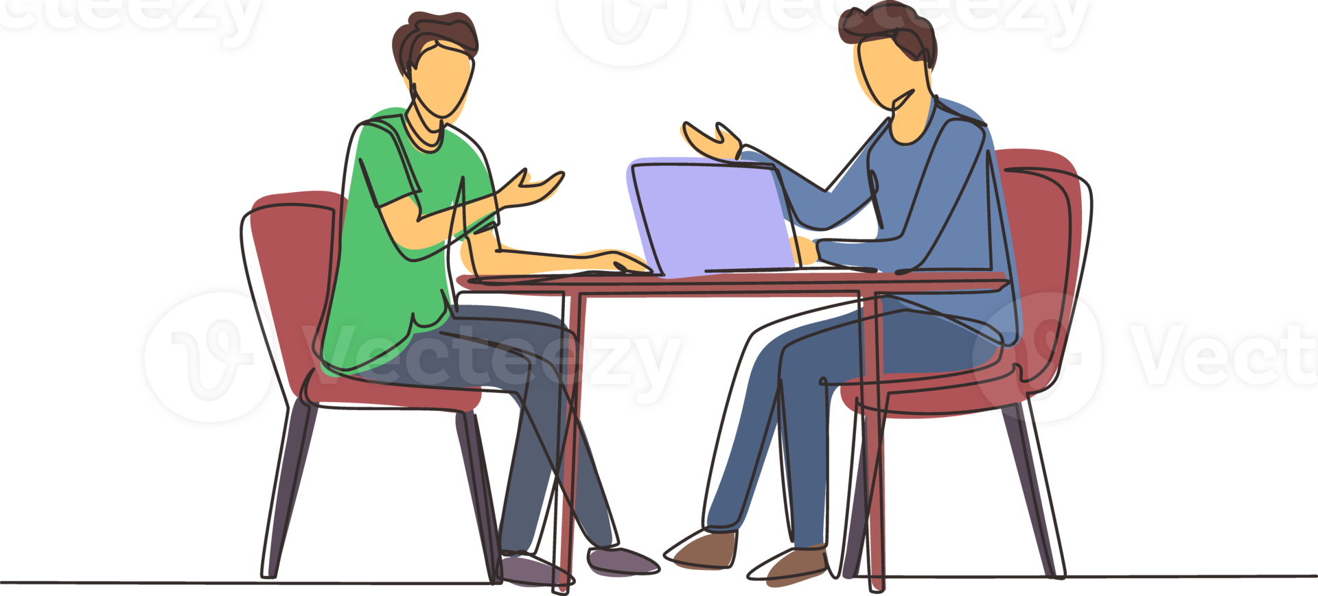 Single continuous line drawing male interviewing famous person in studio for tv show. Concept of television or internet broadcast with journalist talking to celebrity. One line draw design png