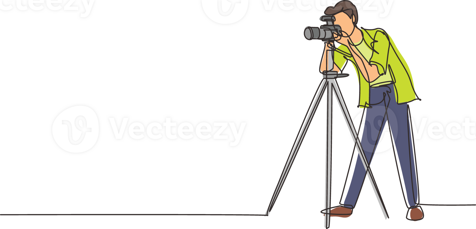 Single one line drawing paparazzi design concept with photographer shooting appearance of show business stars or other celebrities with tripod. Continuous line draw design graphic illustration png